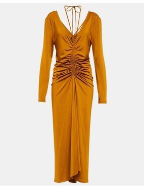 Veronica Beard Gibert Dress- Long Sleeve Ruched V-Neck Maxi Dress in Mustard